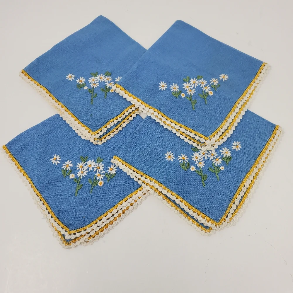 Vintage Blue with White embroidered daisies napkins Light Flaws